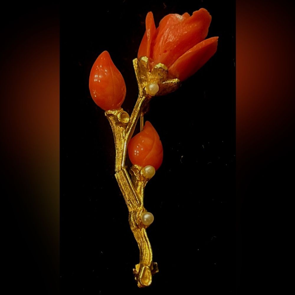 Vintage Gold and Orange Floral Brooch with Faux Pearl Accents